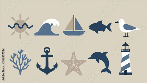 Nautical elements set featuring sun wave sailboat fish seagull coral anchor starfish dolphin lighthouse