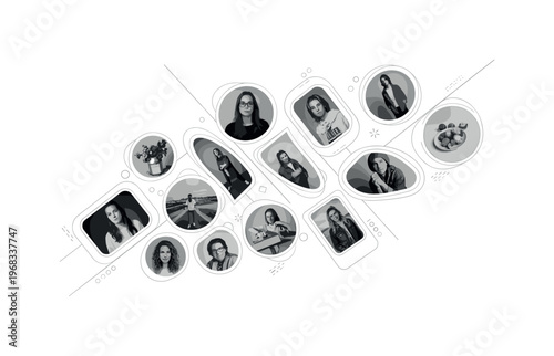 photo frame styling circular frames thin diagonal lines and abstract pattern icons realistic monochrome stylish arrangement of personal images in different