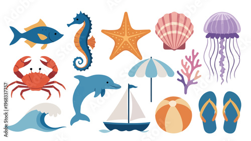 Colorful marine life and beach items icons with fish seahorse starfish shell jellyfish crab dolphin sailboat umbrella