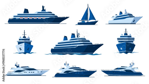 Collection of ships boats cruise vessels and yachts in various styles and sizes