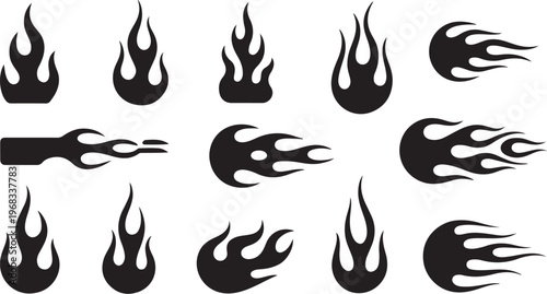 Black Flame Icons Vector Fire Flame Silhouettes Set of vector design on transparent background.