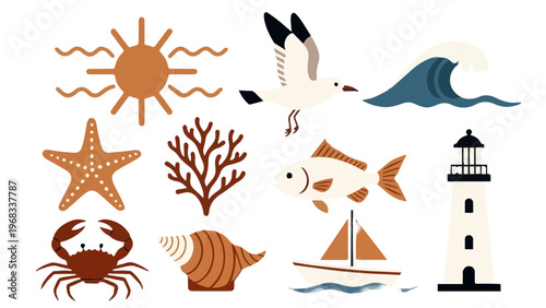 Beach and sea icons including sun seagull starfish coral crab shell fish lighthouse and sailboat