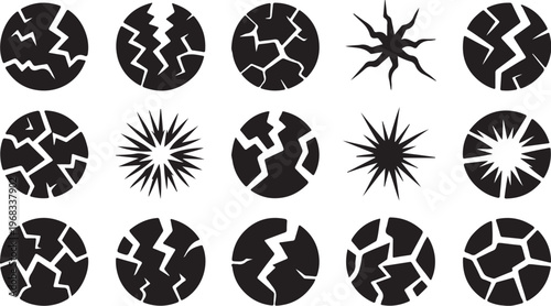 Cracked Circle Icon Set: Shattered Surface Vector Graphics of vector design on transparent background.