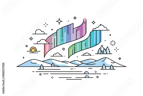 Siberia northern lights scene where colorful aurora borealis dances over snowy hills while small sparkle and line icons emphasize wonder, beauty, and vast