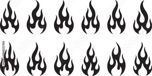 Set of Tribal Fire Flame Silhouettes: Black Vector Graphic Icons of vector design on transparent background.