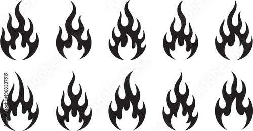 Tribal Fire Flame Silhouette Set: Black Vector Graphic Elements  set of vector design on transparent background.