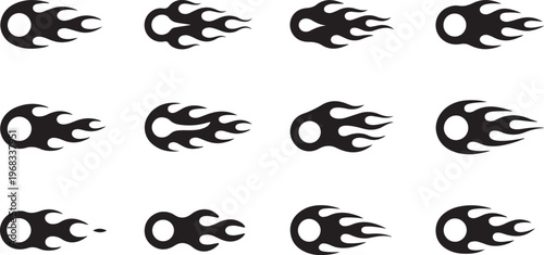 Hot Rod Racing Flame Decals: Black Fire Silhouette Vector Icons set of vector design on transparent background.