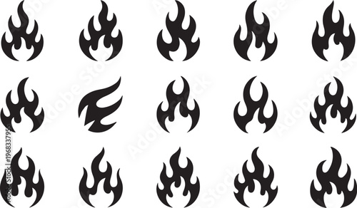 Decorative Fire Flame Shapes: Black Silhouette Vector Icon set of vector design on transparent background.