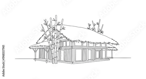 Natural Material Architecture. Minimalistic one-line drawing building made from bamboo, straw, and reclaimed wood, continuous single black line on white