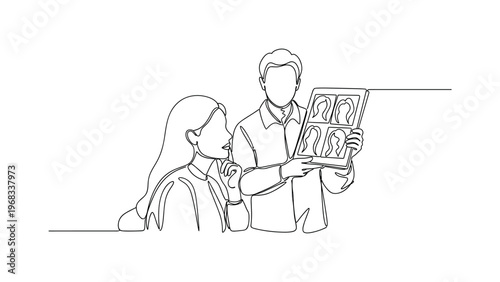 Haircut Planning. Minimalistic one-line drawing person and stylist reviewing hairstyle ideas in salon, continuous single black line on white background, simple