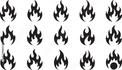 Black Flame Icons Set: Vector Fire Silhouette Graphics set of vector design on transparent background.