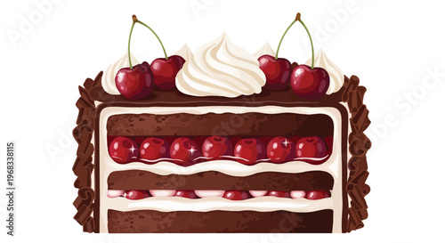 Illustration of a slice of chocolate cake with whipped cream and cherries on top against a clean white background.