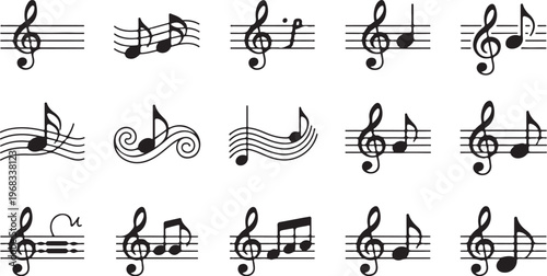 Musical Staff and Treble Clef Notation Icon Set of Vector design on transparent background.
