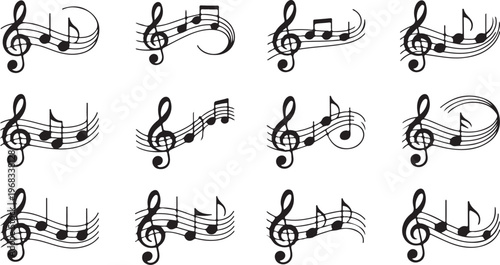 Musical Staff and G Clef Note Icon Collection Set of Vector design on transparent background.
