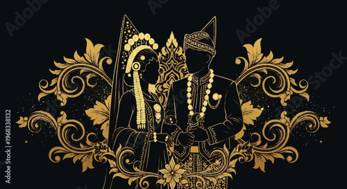 Elegant couple dressed in traditional attire surrounded by ornate gold floral patterns