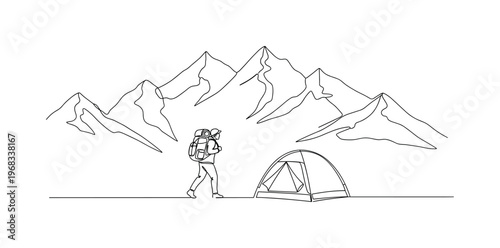 Mountain Camping. Minimalistic one-line drawing camper walking toward tent with backpack in mountainous terrain, continuous single black line on