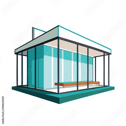 Modern glass-walled pavilion structure with green roof and wooden flooring inside