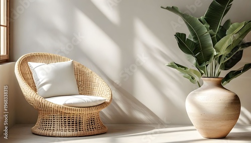 A wicker chair with a pillow sits next to a large plant in a vase on a sunny floor.