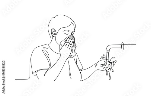 Germs and Hygiene. Minimalistic one-line drawing person using tissue to cover sneeze and hand cleaning, continuous single black line on white background,