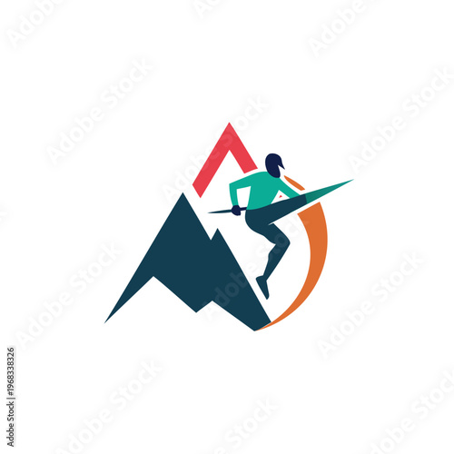 Mountaineer conquering a challenging peak with a climbing pole