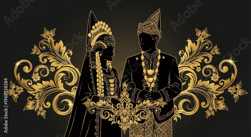 Traditional couple in ornate attire holding hands in ceremony