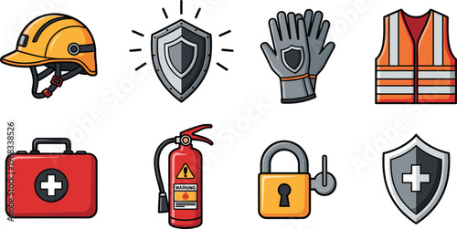 Workplace Safety Equipment Set with Helmet, Shield, Gloves, Vest, First Aid Kit, Fire Extinguisher, Lock, and Protective Gear Icons