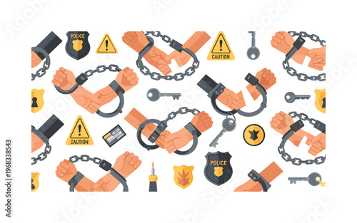 security patterns seamless pattern, repeating pattern, surface design, textile print, modern illustration of handcuffed hands, chains, keys, police badges,