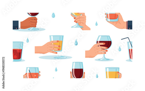 thoughtful glass seamless pattern, repeating pattern, surface design, textile print, modern illustration of hands holding glasses, reflections,