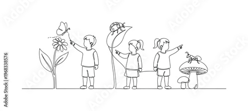 Nature Exploration. Minimalistic one-line drawing children pointing at insects and plants, continuous single black line on white background, simple outline