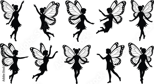 Fairy silhouettes collection with butterfly wings, magical female characters flying poses vector illustration of fantasy creatures isolated decorative design