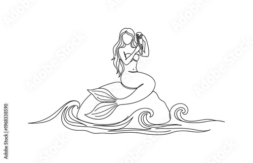 Mermaid Scene. Minimalistic one-line drawing mermaid on rock combing hair with waves around, continuous single black line on white background, simple outline