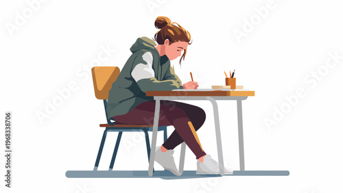 Young Student Girl Studying at School Desk Vector Illustration
