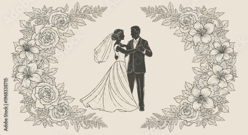 Bride and groom dance romantically surrounded by floral wreath on wedding day