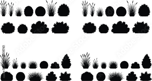 Set of grass and bush silhouettes isolated on white background black vector illustration for nature scenes