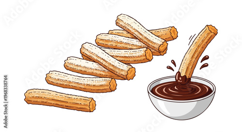 Illustration of chocolate sauce being poured into a bowl with scattered churros on a white background.