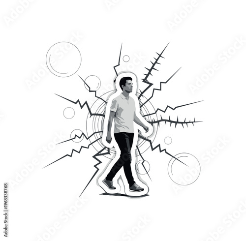 enduring agony circular shapes thin lines and abstract thorn icons realistic monochrome figure walking through symbolic jagged lines representing chronic pain