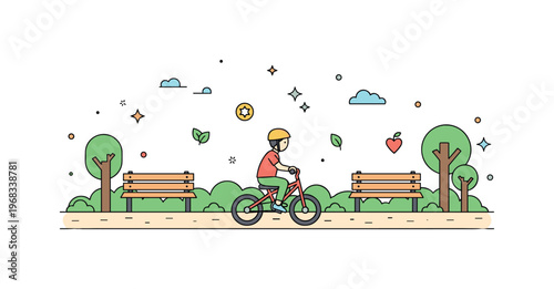 Tricycle ride park path scene where a child pedals past benches and trees while tiny sparkle and leaf icons highlight outdoor activity, fun, and healthy play.