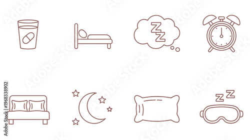 Sleep Bedroom Night Routine Icons, simple vector sketches in hand drawn doodle style, representing bedtime