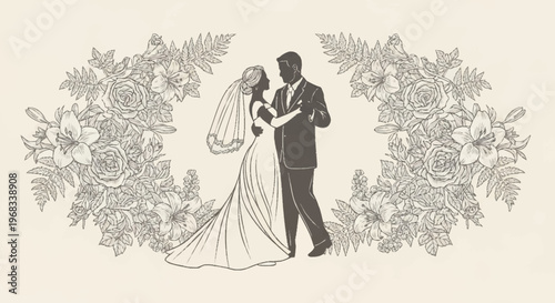 A loving couple dances romantically outdoors surrounded by elegant floral arrangements.