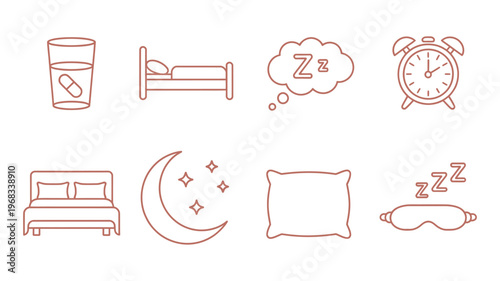 Sleep Bedroom Night Routine Icons, hand drawn vector illustration in black and white, minimalist design including bed, moon, pajamas, lamp, and other night