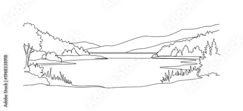 Lake Landscape. Minimalistic one-line drawing still lake bordered by trees and hills, continuous single black line on white background, simple outline style,