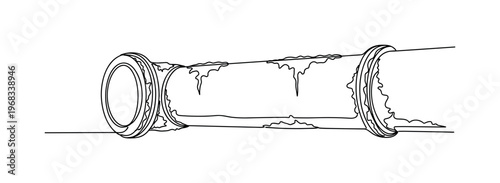 Corroded Pipe. Minimalistic one-line drawing pipe with flaky surface and uneven texture indicating corrosion, continuous single black line on white background,