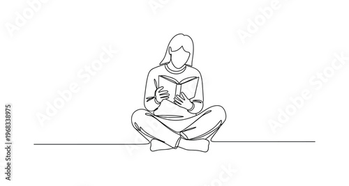 Book Time. Minimalistic one-line drawing individual reading while sitting on floor with legs crossed, continuous single black line on white background, simple