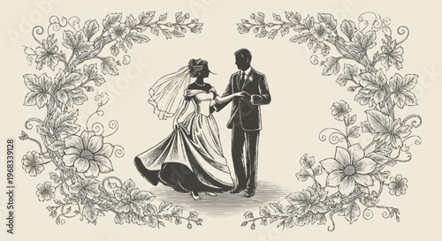 A wedding couple dances romantically surrounded by floral illustrations