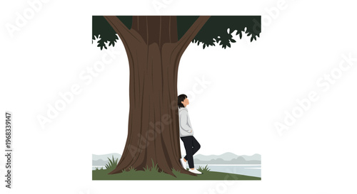 Person leaning against a large tree trunk.