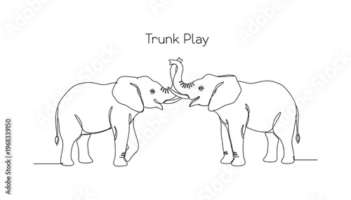 Trunk Play. Minimalistic one-line drawing young elephants touching trunks while standing, continuous single black line on white background, simple outline