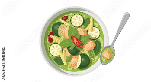 Vibrant illustration of aromatic green curry with chicken, lime slices, bamboo shoots, and basil leaves, served with a spoonful of deliciousness