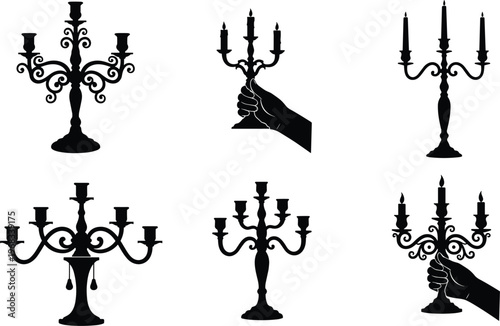 Set of antique candelabra silhouettes featuring ornate vintage candle holders, decorative candelabrum with burning candles, and hand holding a gothic metal chandelier for classic interior decor.