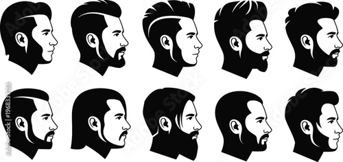 Men hairstyle and beard styles collection, male head profile silhouettes vector illustration of modern haircuts grooming fashion isolated design
