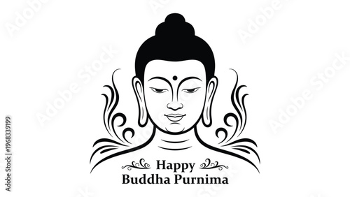 Happy buddha purnima decorative line art illustration with serene buddha face and ornamental elements symbolizing peace spirituality and enlightenment